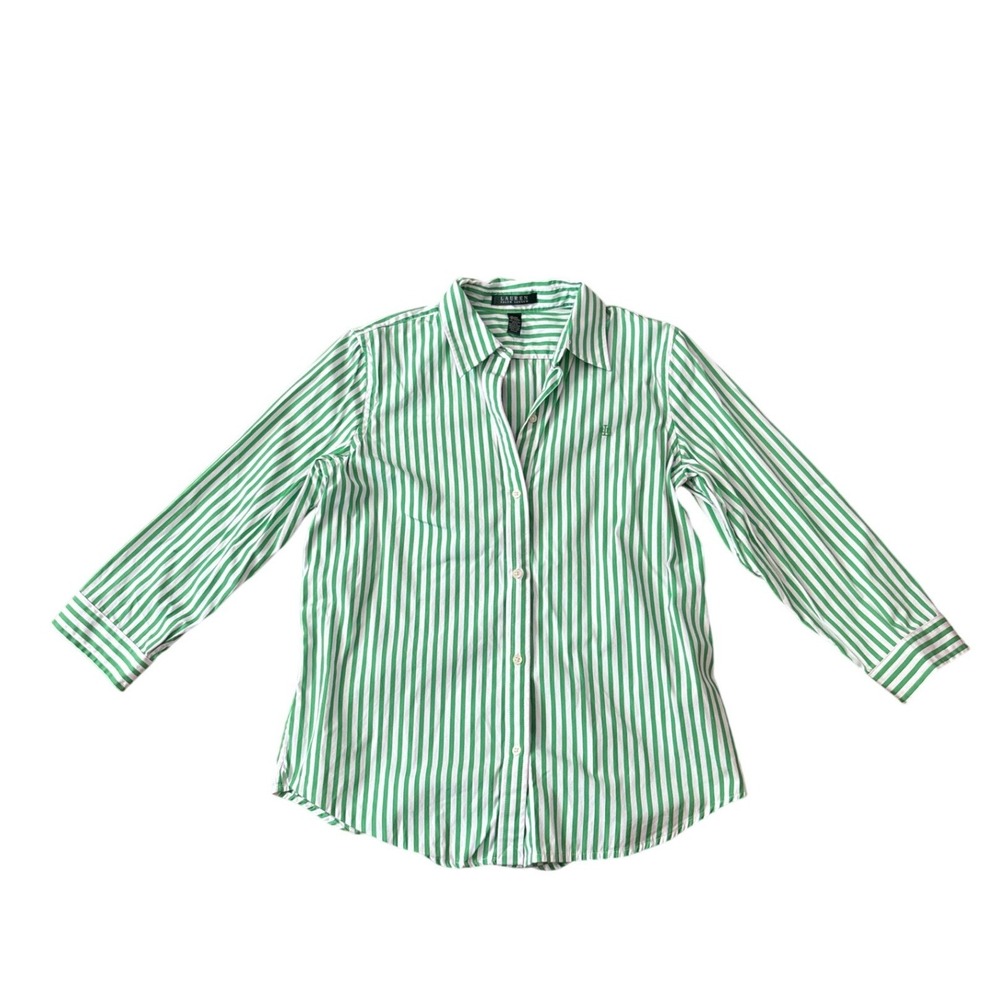 Lauren Ralph Lauren Button Down Women Green White Striped Preppy SIZE Medium